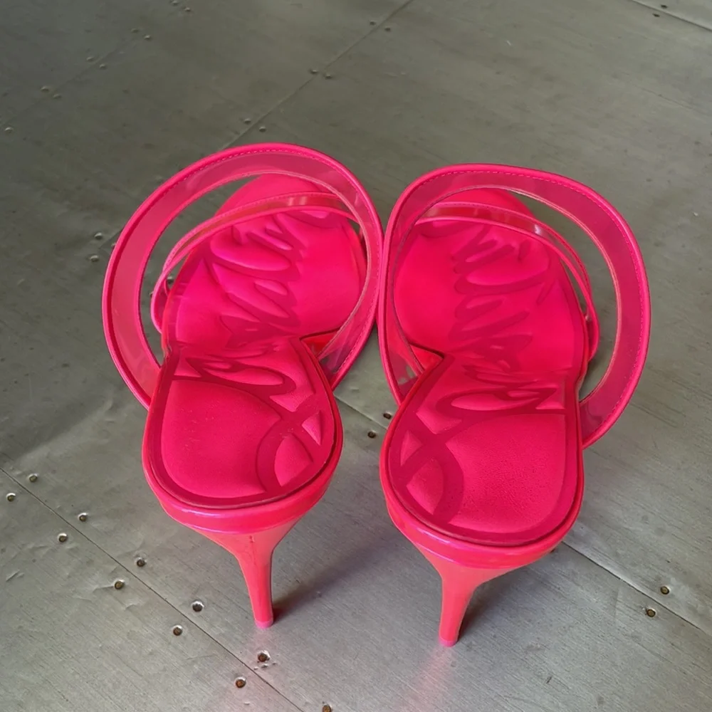 Christian Louboutin just loubi pink neon stiletto sandal pvc sz 39 85mm